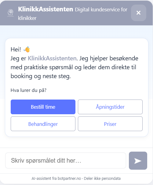 KlinikkAssistenten – desktopvisning (widget på nettside)